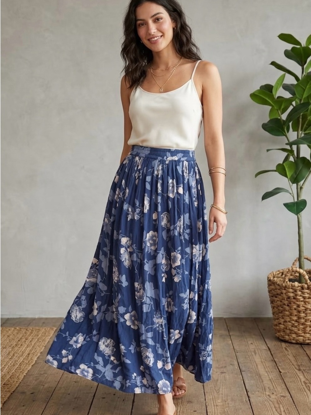 Vintage Styleworks Blue Floral Maxi Skirt - Lightweight & Flowy, Size Large